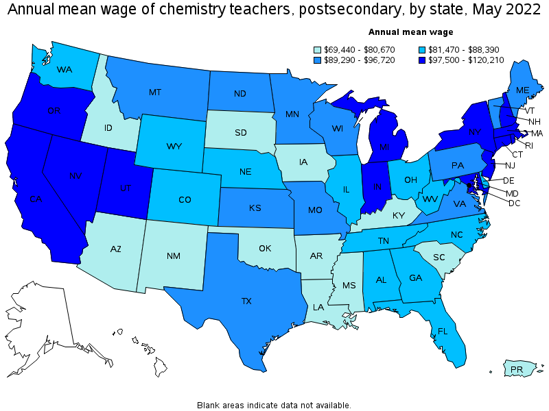 Map of annual mean wages of chemistry teachers, postsecondary by state, May 2022