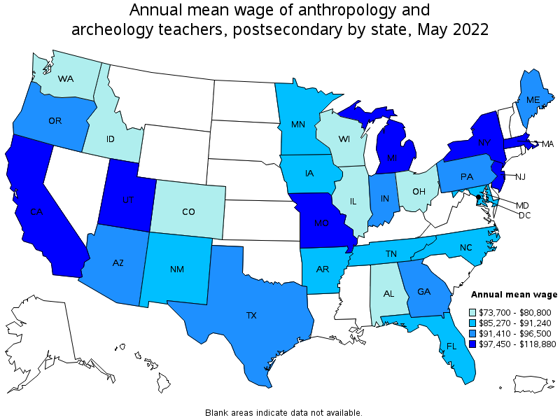 Map of annual mean wages of anthropology and archeology teachers, postsecondary by state, May 2022