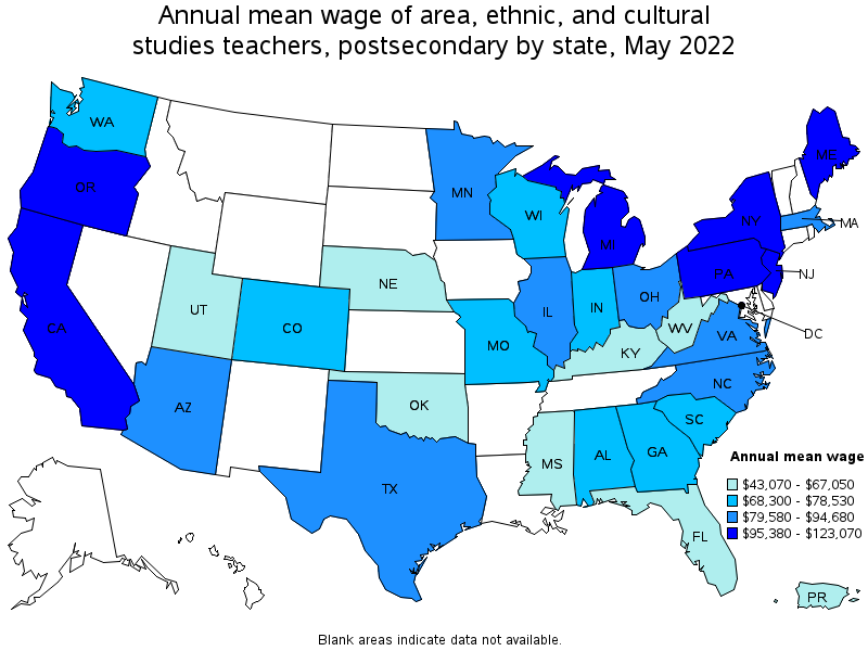 Map of annual mean wages of area, ethnic, and cultural studies teachers, postsecondary by state, May 2022
