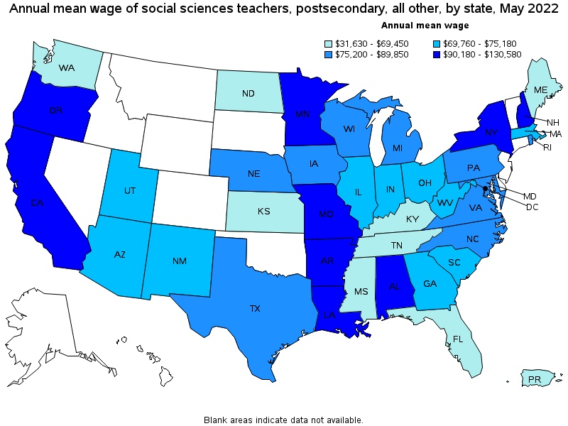 Map of annual mean wages of social sciences teachers, postsecondary, all other by state, May 2022