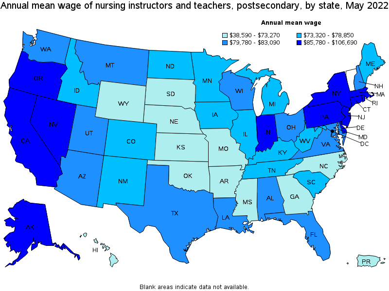 Map of annual mean wages of nursing instructors and teachers, postsecondary by state, May 2022