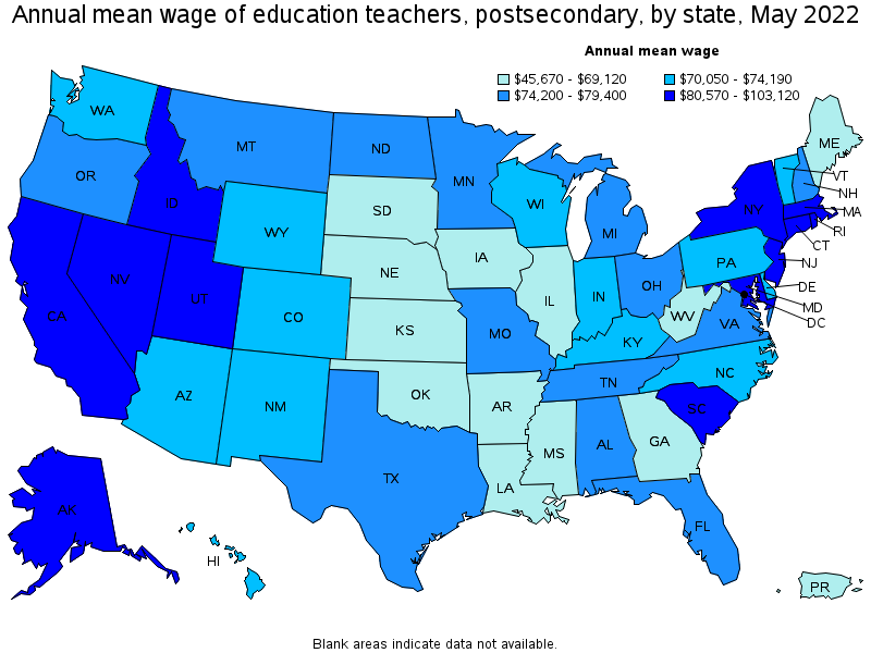 Map of annual mean wages of education teachers, postsecondary by state, May 2022