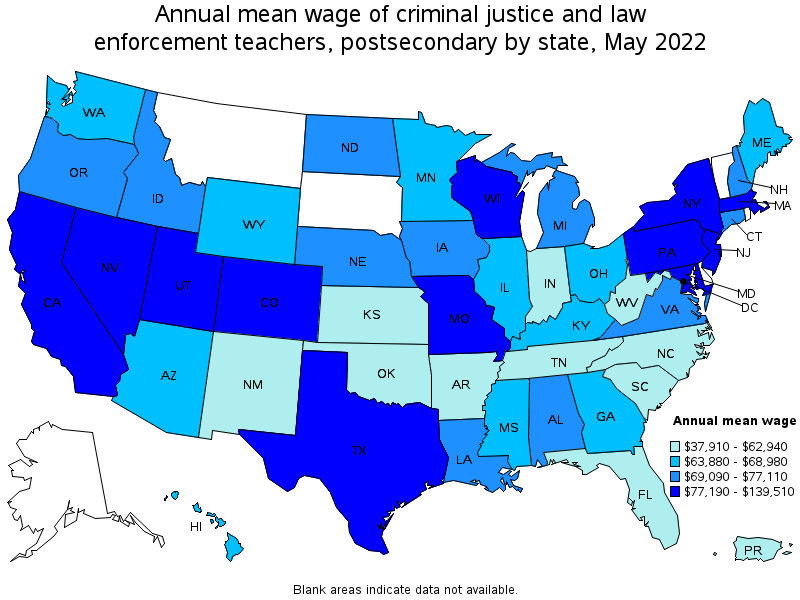 Map of annual mean wages of criminal justice and law enforcement teachers, postsecondary by state, May 2022