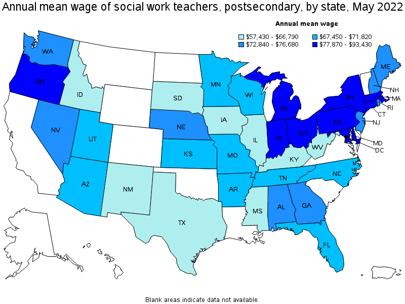 Map of annual mean wages of social work teachers, postsecondary by state, May 2022
