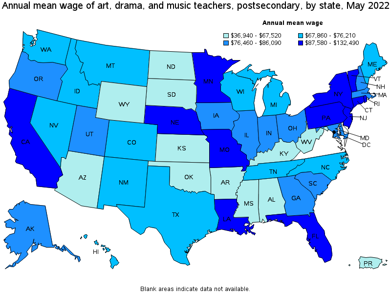 Map of annual mean wages of art, drama, and music teachers, postsecondary by state, May 2022