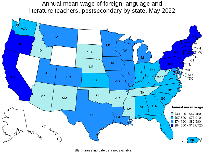 Map of annual mean wages of foreign language and literature teachers, postsecondary by state, May 2022