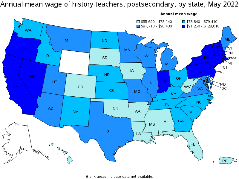 Map of annual mean wages of history teachers, postsecondary by state, May 2022