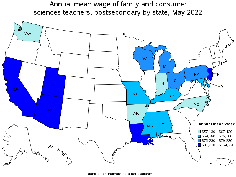 Map of annual mean wages of family and consumer sciences teachers, postsecondary by state, May 2022