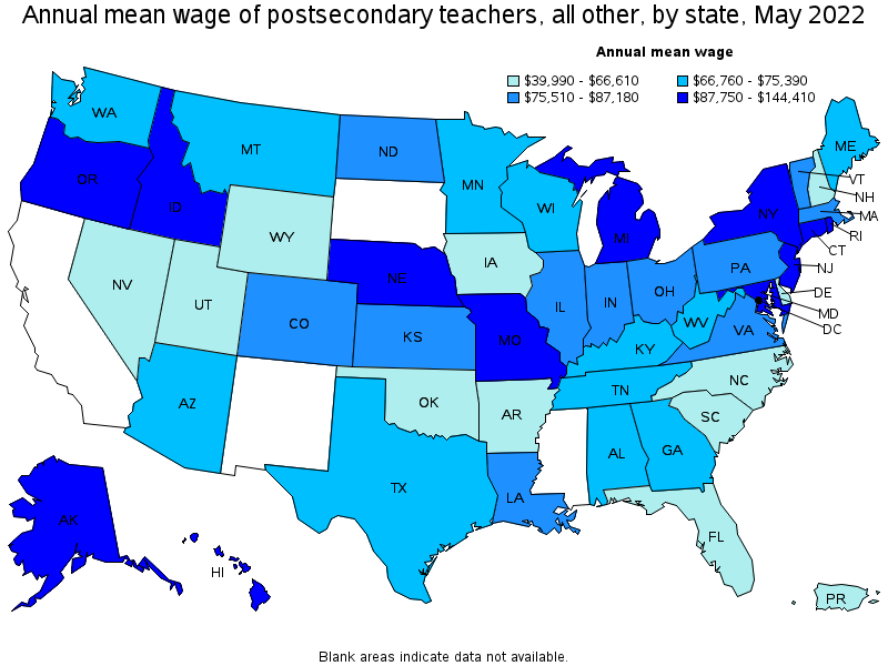 Map of annual mean wages of postsecondary teachers, all other by state, May 2022