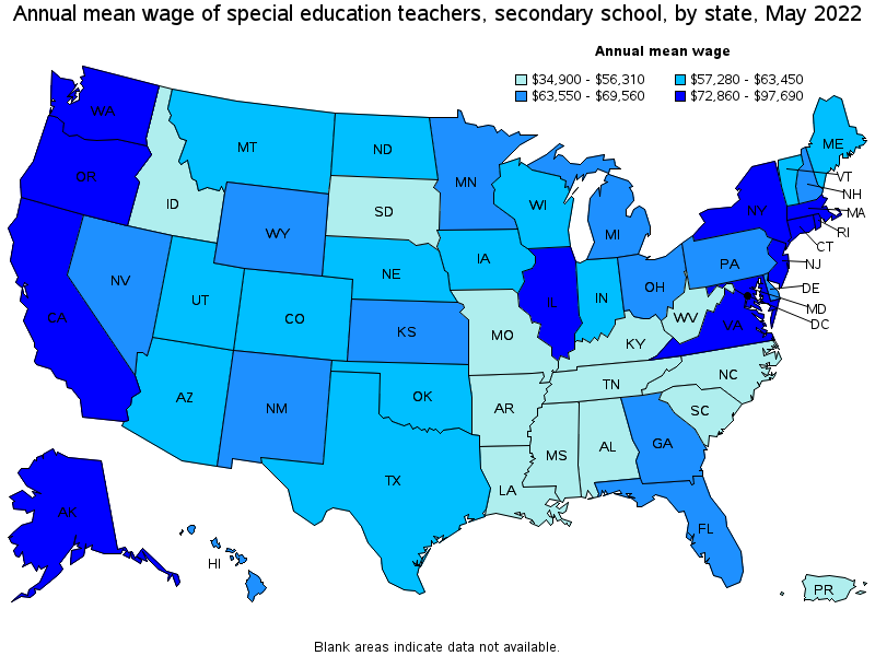 Map of annual mean wages of special education teachers, secondary school by state, May 2022