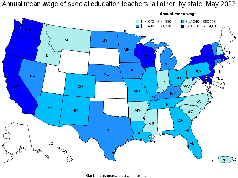 Map of annual mean wages of special education teachers, all other by state, May 2022