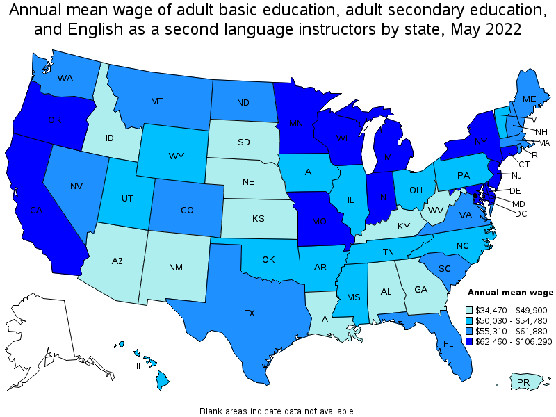 Map of annual mean wages of adult basic education, adult secondary education, and english as a second language instructors by state, May 2022