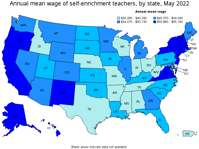 Map of annual mean wages of self-enrichment teachers by state, May 2022