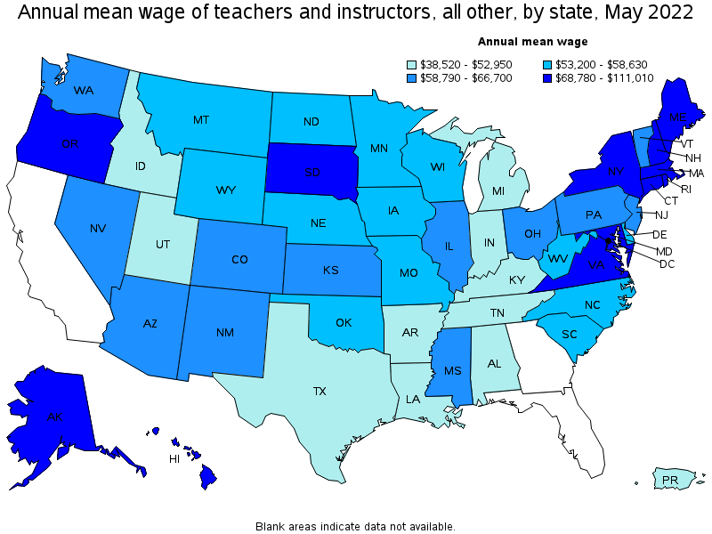 Map of annual mean wages of teachers and instructors, all other by state, May 2022
