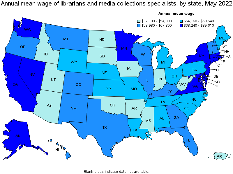 Map of annual mean wages of librarians and media collections specialists by state, May 2022