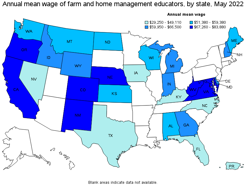 Map of annual mean wages of farm and home management educators by state, May 2022