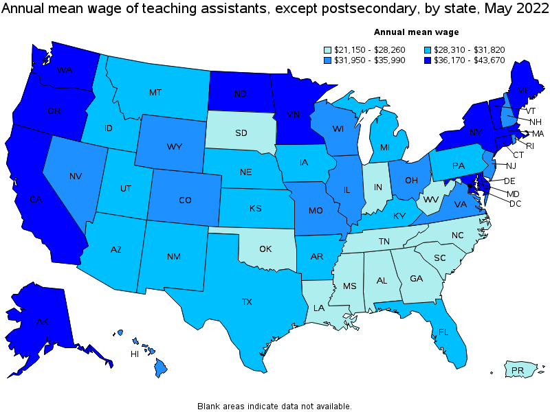 Map of annual mean wages of teaching assistants, except postsecondary by state, May 2022