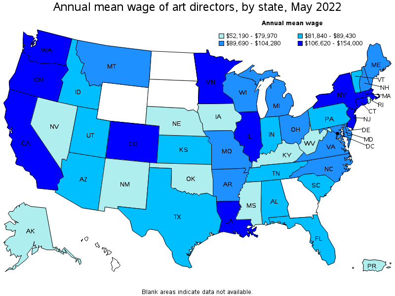 Map of annual mean wages of art directors by state, May 2022