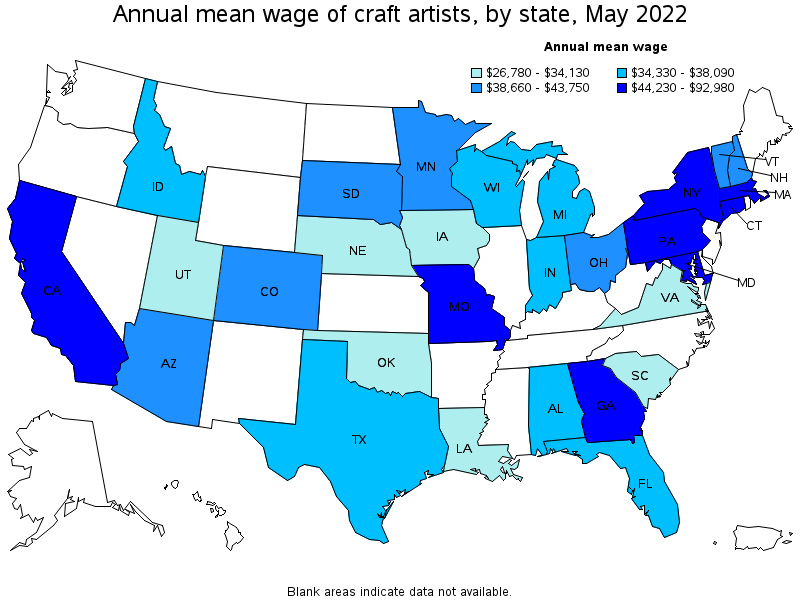 Map of annual mean wages of craft artists by state, May 2022