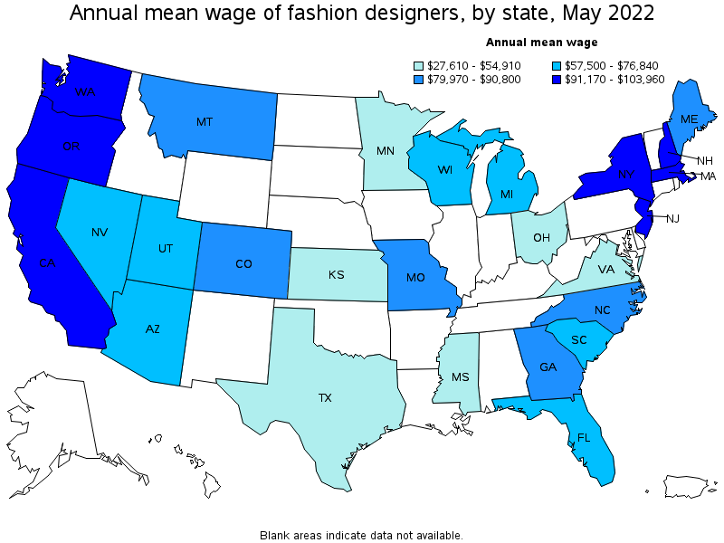 Map of annual mean wages of fashion designers by state, May 2022