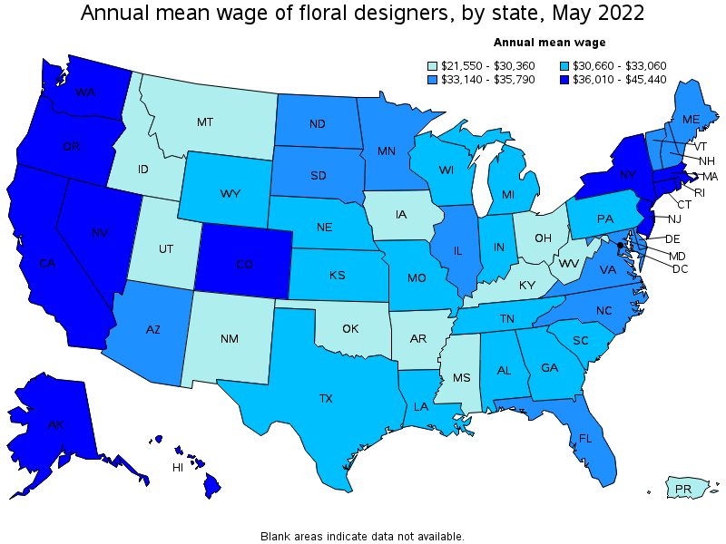 Map of annual mean wages of floral designers by state, May 2022