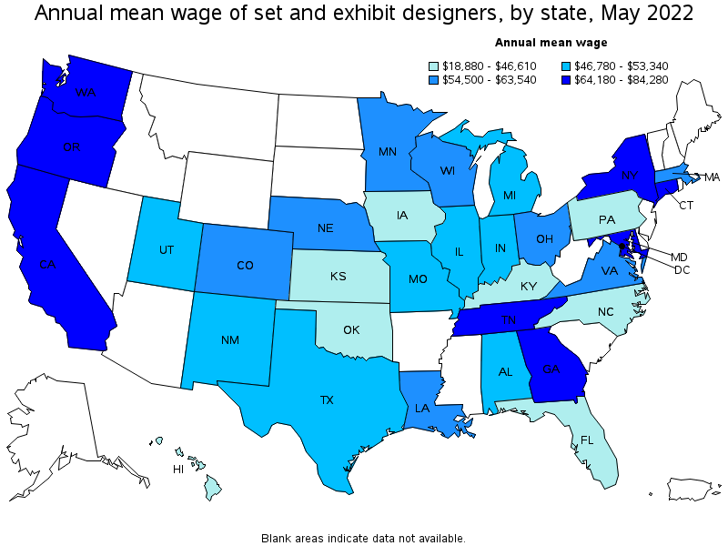 Map of annual mean wages of set and exhibit designers by state, May 2022