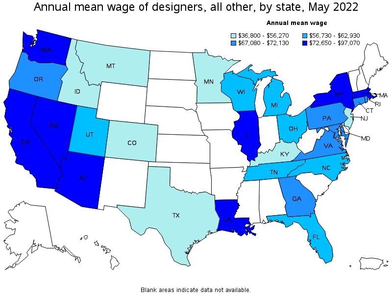 Map of annual mean wages of designers, all other by state, May 2022