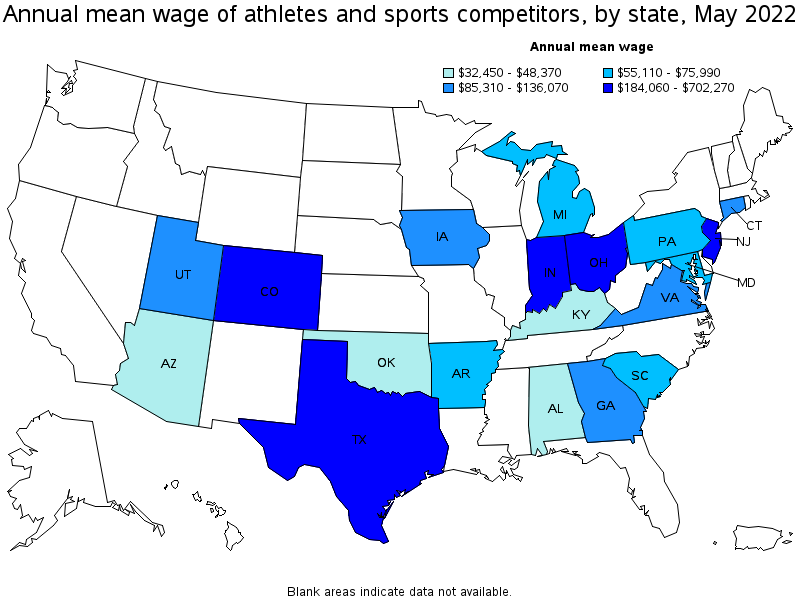 Map of annual mean wages of athletes and sports competitors by state, May 2022