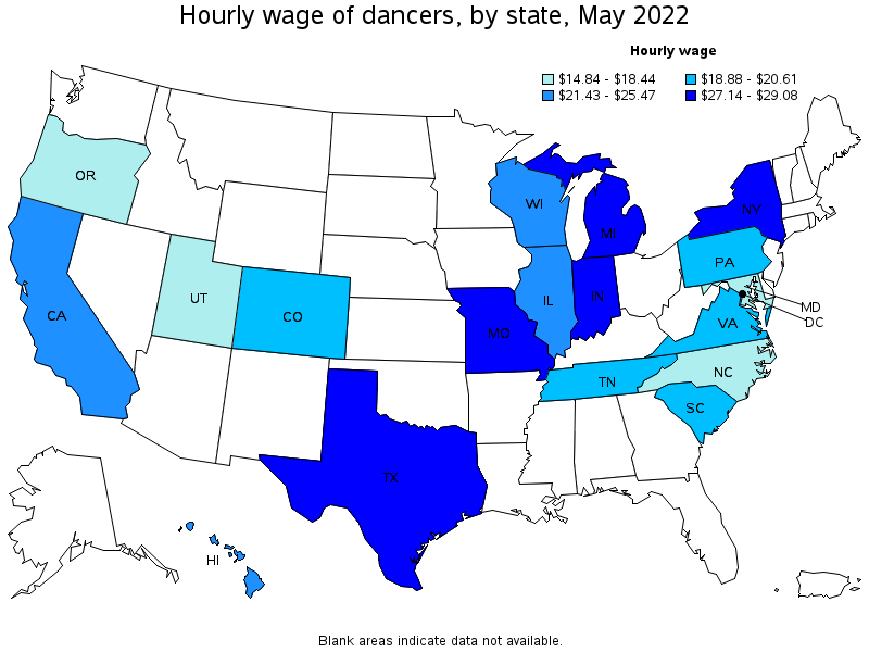 Map of annual mean wages of dancers by state, May 2022