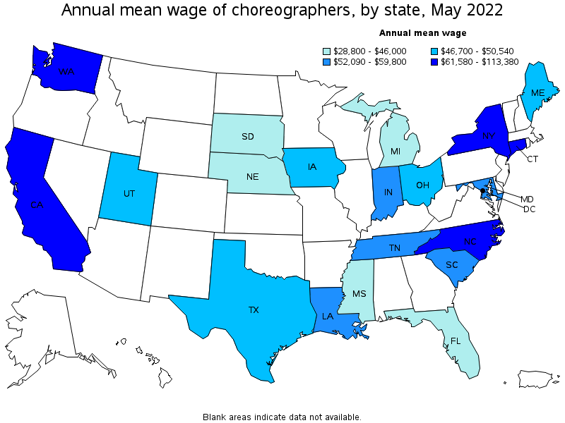 Map of annual mean wages of choreographers by state, May 2022