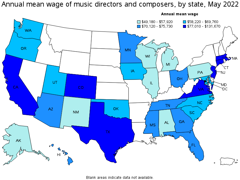 Map of annual mean wages of music directors and composers by state, May 2022