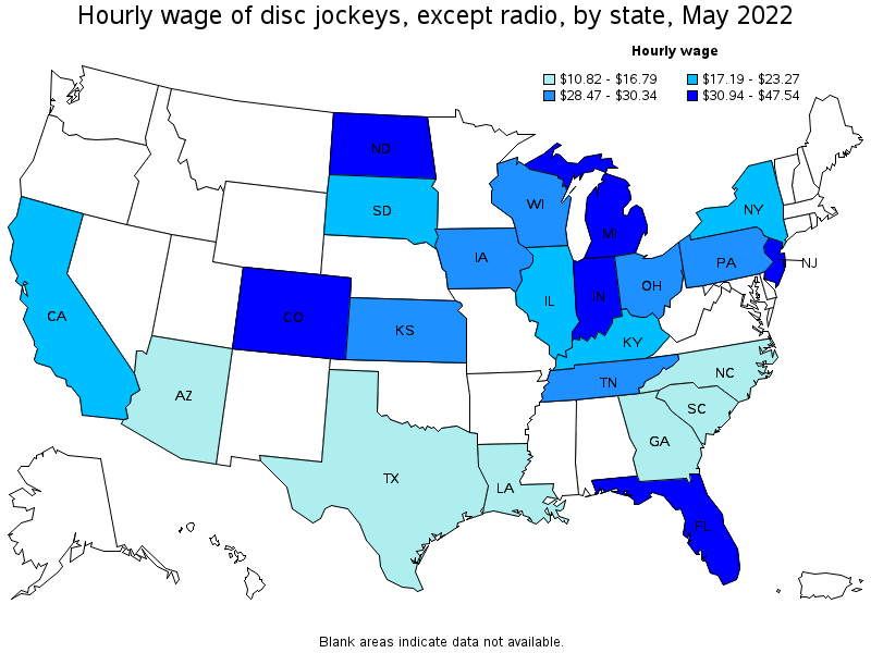 Map of annual mean wages of disc jockeys, except radio by state, May 2022