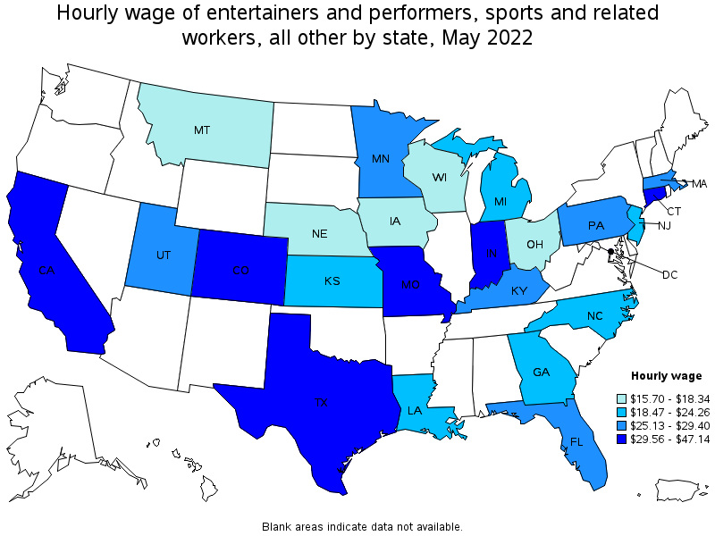 Map of annual mean wages of entertainers and performers, sports and related workers, all other by state, May 2022