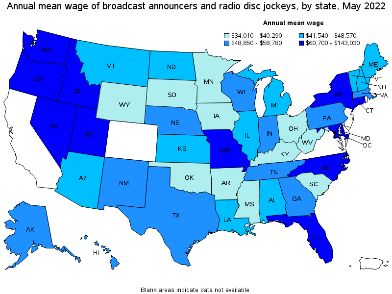 Map of annual mean wages of broadcast announcers and radio disc jockeys by state, May 2022