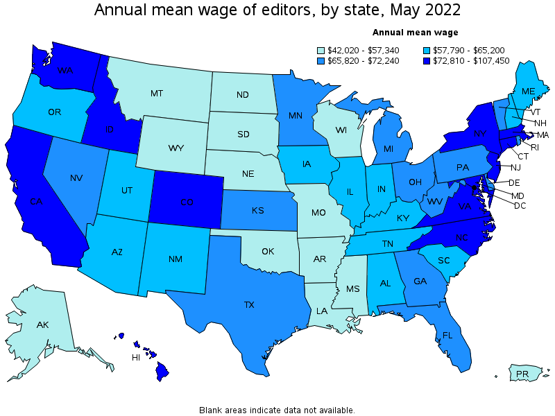 Map of annual mean wages of editors by state, May 2022