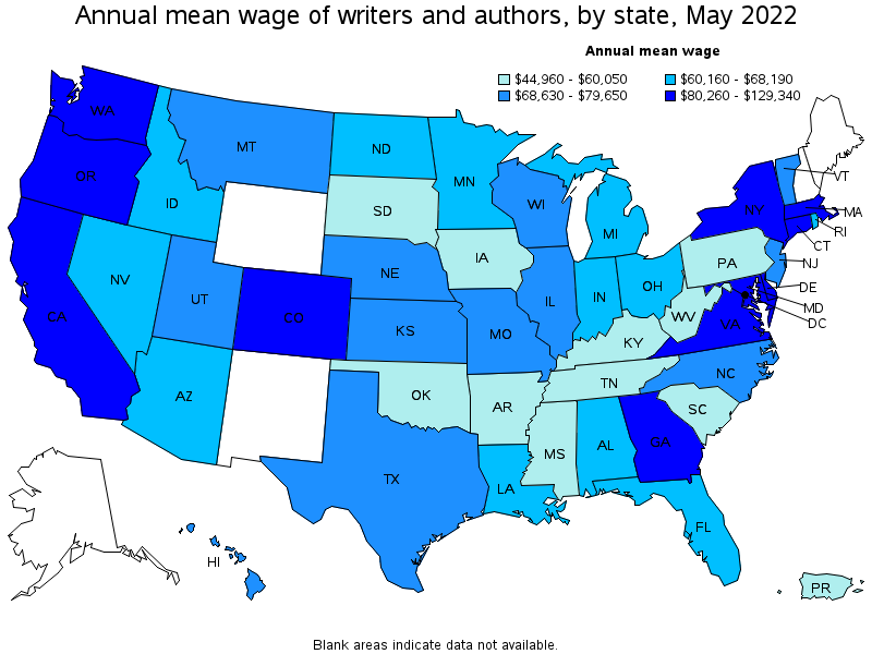 Map of annual mean wages of writers and authors by state, May 2022