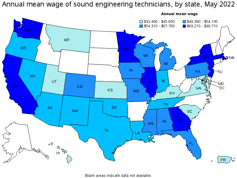 Map of annual mean wages of sound engineering technicians by state, May 2022