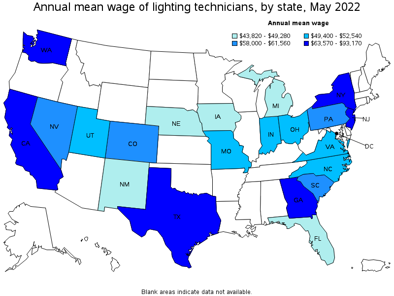 Map of annual mean wages of lighting technicians by state, May 2022