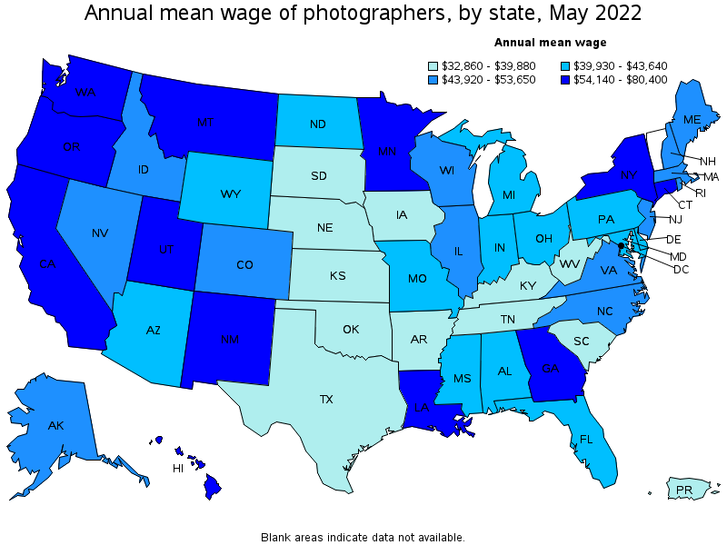 Map of annual mean wages of photographers by state, May 2022