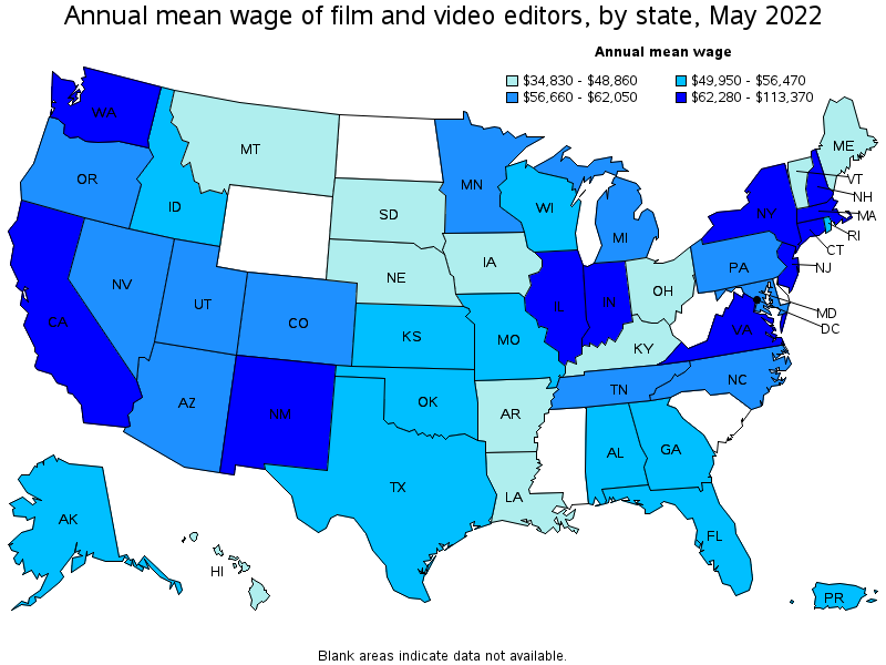 Map of annual mean wages of film and video editors by state, May 2022