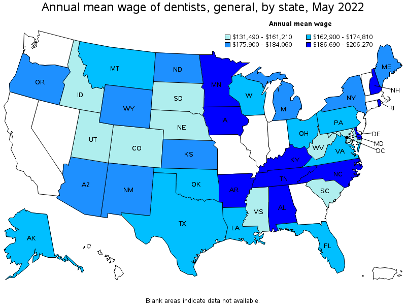 Map of annual mean wages of dentists, general by state, May 2022