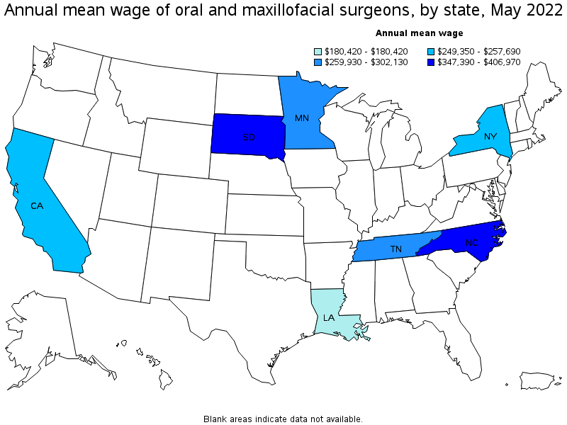 Map of annual mean wages of oral and maxillofacial surgeons by state, May 2022