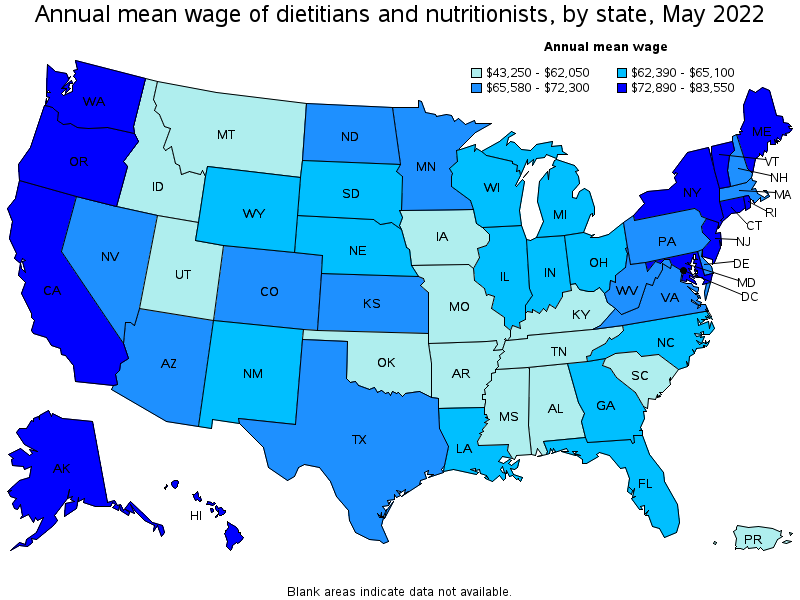 Map of annual mean wages of dietitians and nutritionists by state, May 2022