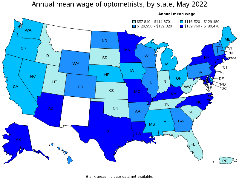 Map of annual mean wages of optometrists by state, May 2022