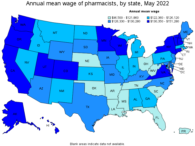 Map of annual mean wages of pharmacists by state, May 2022