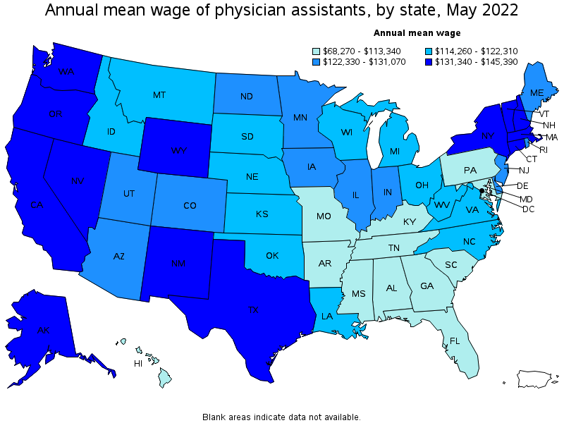 Map of annual mean wages of physician assistants by state, May 2022