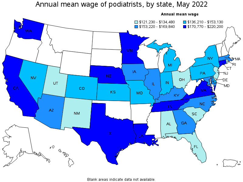 Map of annual mean wages of podiatrists by state, May 2022