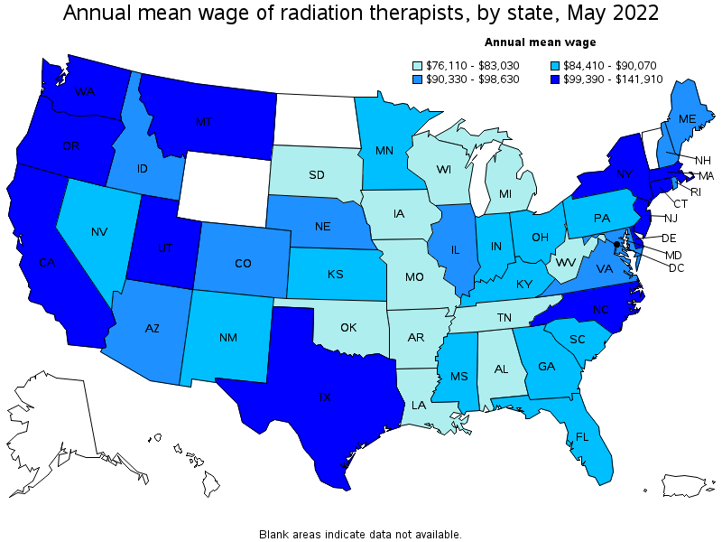 Map of annual mean wages of radiation therapists by state, May 2022