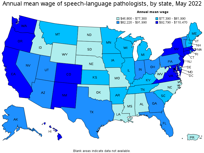 Map of annual mean wages of speech-language pathologists by state, May 2022