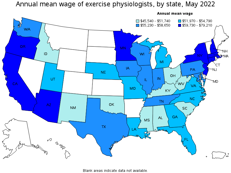 Map of annual mean wages of exercise physiologists by state, May 2022